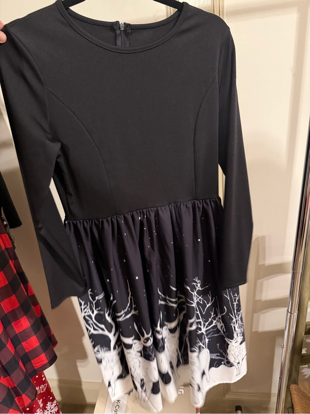 Amazon Black Long-Sleeve Holiday Skater Dress with White Reindeer & Tree Print